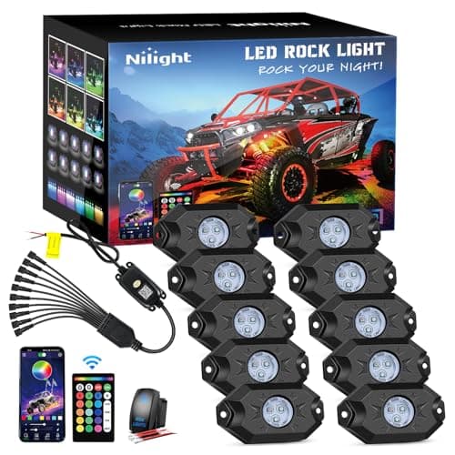 Nilight RGB LED Rock Lights Kit 10 Pods Underglow Multicolor Neon Pod with Remote Bluetooth App Control DIY Flashing Music Mode Wheel Well Light for Truck ATV UTV RZR SUV
