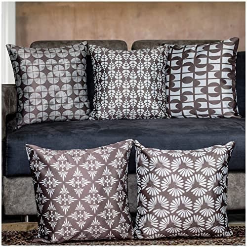 Vendola Decorative Satin Sofa Cushion Covers Set of 5, 20 Inch x 20 Inch, Sofa Cushion Pillow Cover, White and Brown, Geometrical Design, Zipper Closure (Cedar, 20X20 Inches)