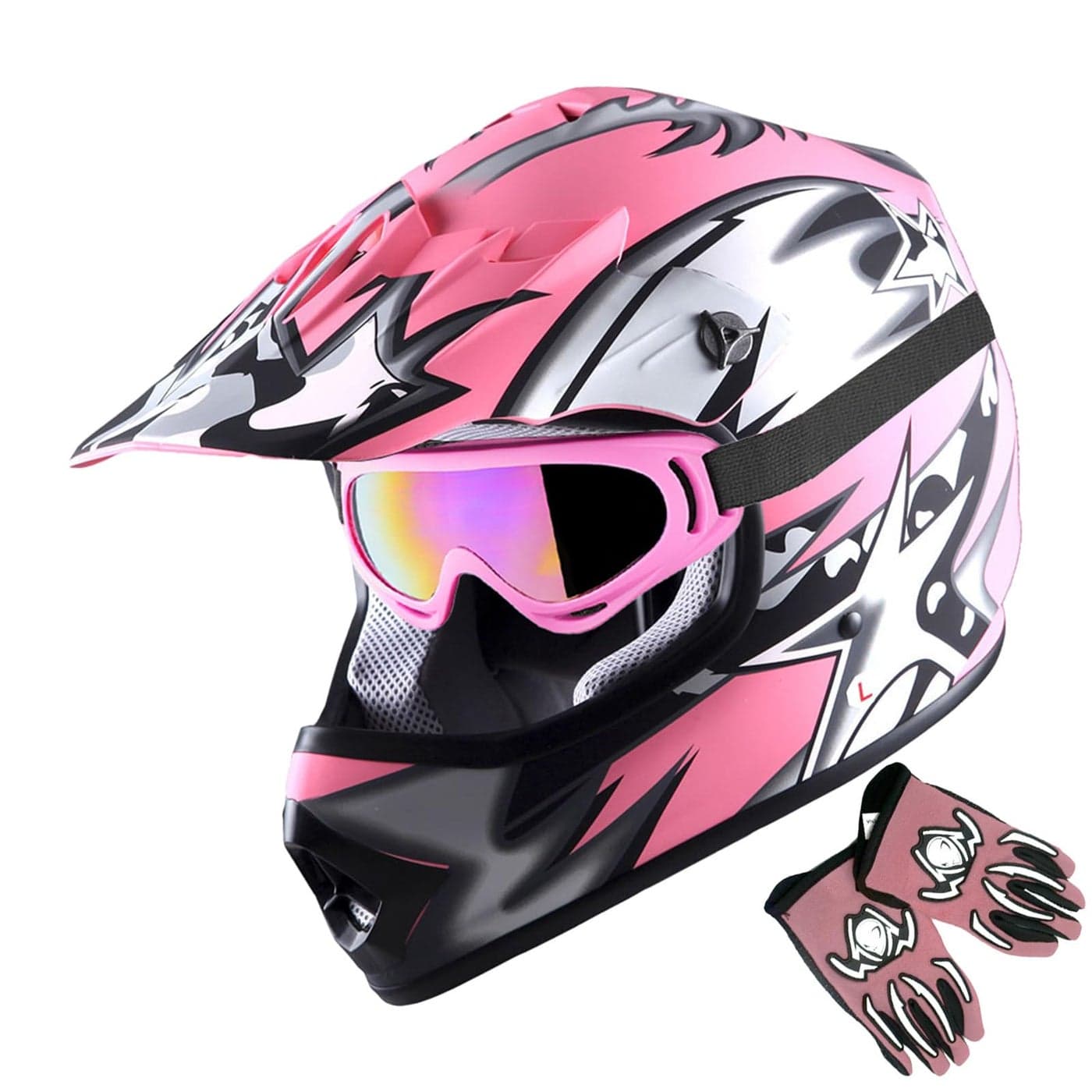 1Storm Youth Motocross Helmet BMX MX ATV Dirt Bike Helmet Matt Star Pink Goggles MG Youth Pink Glove Bundle