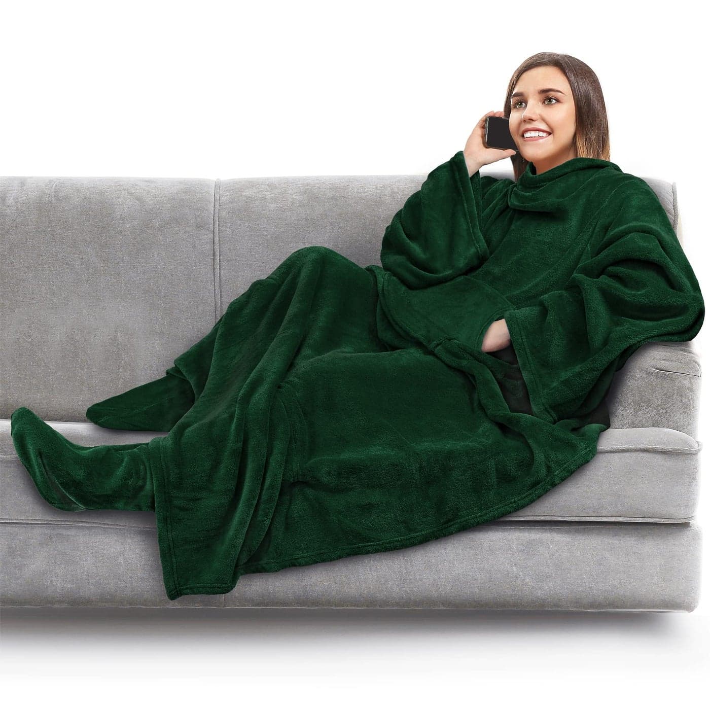 PAVILIA Fleece Blanket with Sleeves Foot Pockets for Women Men Adults Plush Wearable Blanket Throw Wrap Warm Snuggle Blanket Robe Cozy Gift Ideas Wife Mom Dark Green