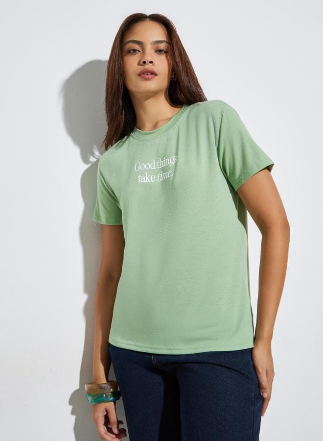 Green Slogan Print Short Sleeve T-Shirt