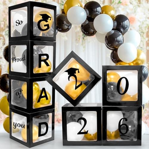 RAINFLOW Graduation Party Decorations 2026 Class of 2026 Black Balloon Boxes with Letters GRAD 2026 So Proud of You White Black and Gold Balloons for Elementary High School and College