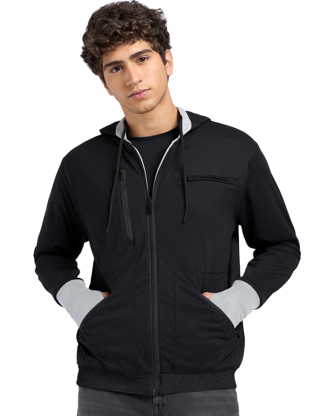 Bewakoof Men's Solid Regular Fit Full Sleeve Cotton Blend Reversible Zipper Airport Hoodies_685554_Black_M