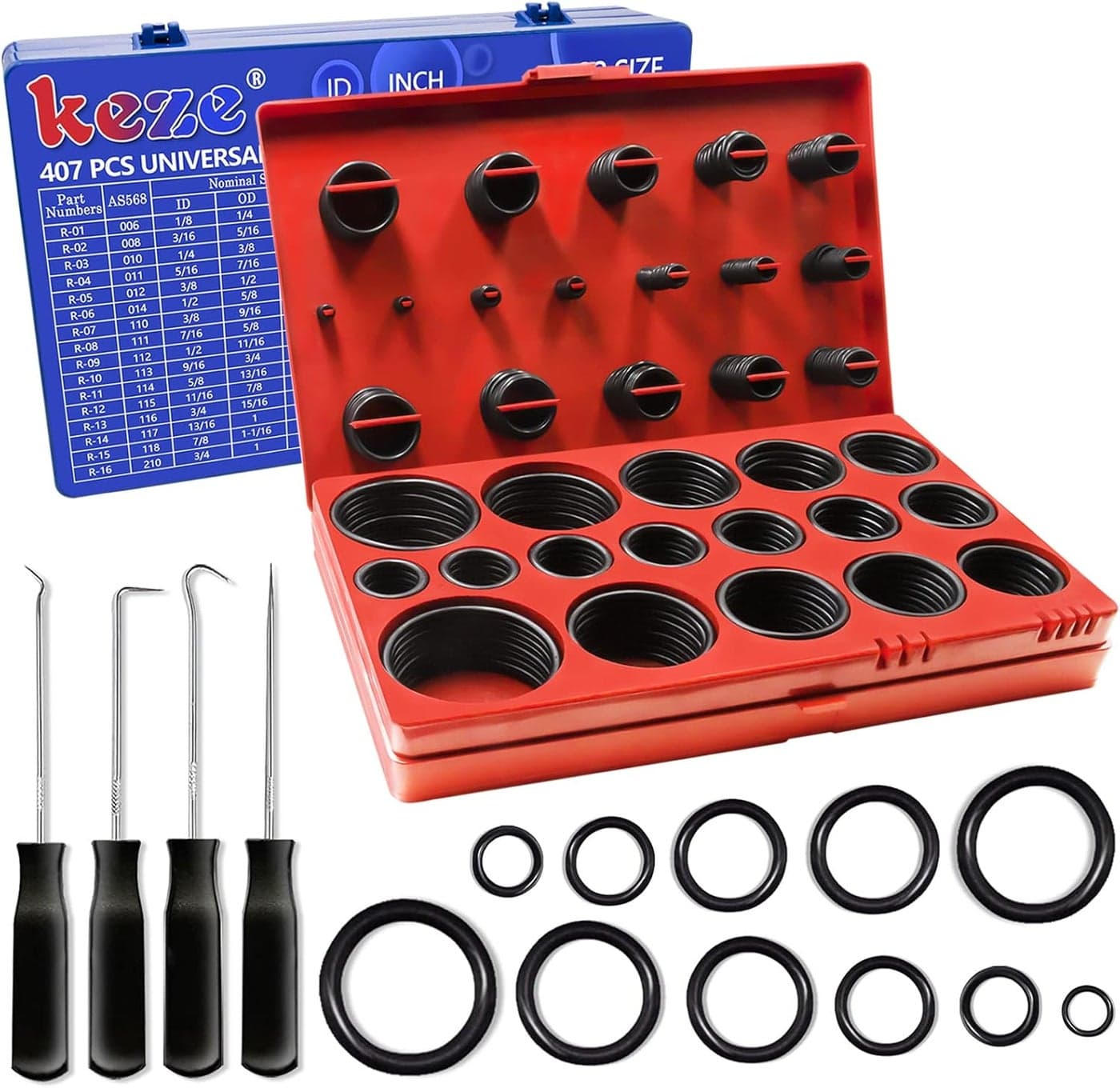 KEZE 826 PCs Universal SAE & Metric O-Rings Kit with 4-Piece Pick and Hook Set