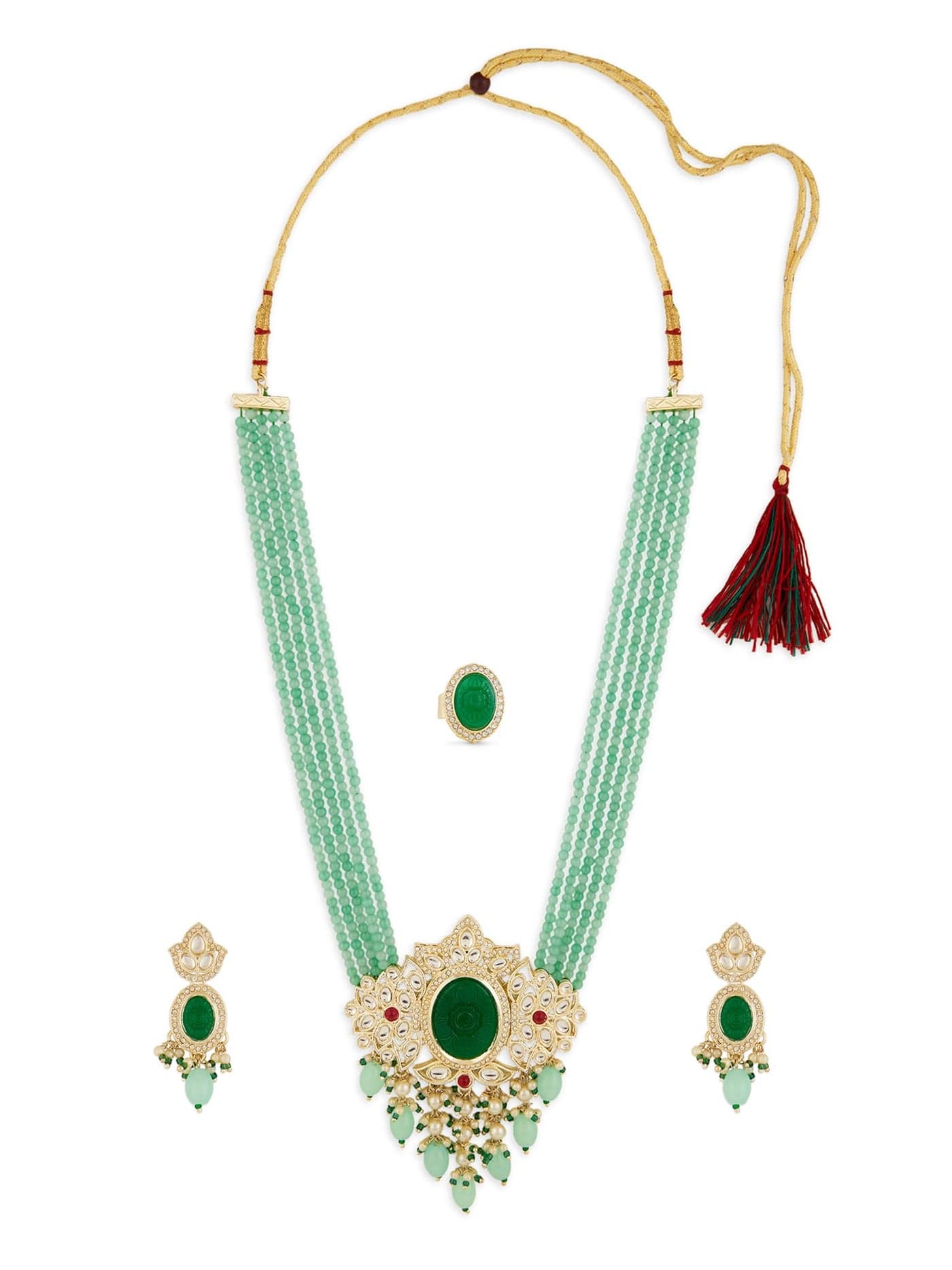 ZAVERI PEARLS Green Pink Stones Multistrand Beaded Long Cascading Necklace Earring & Ring Set For Women-ZPFK18862