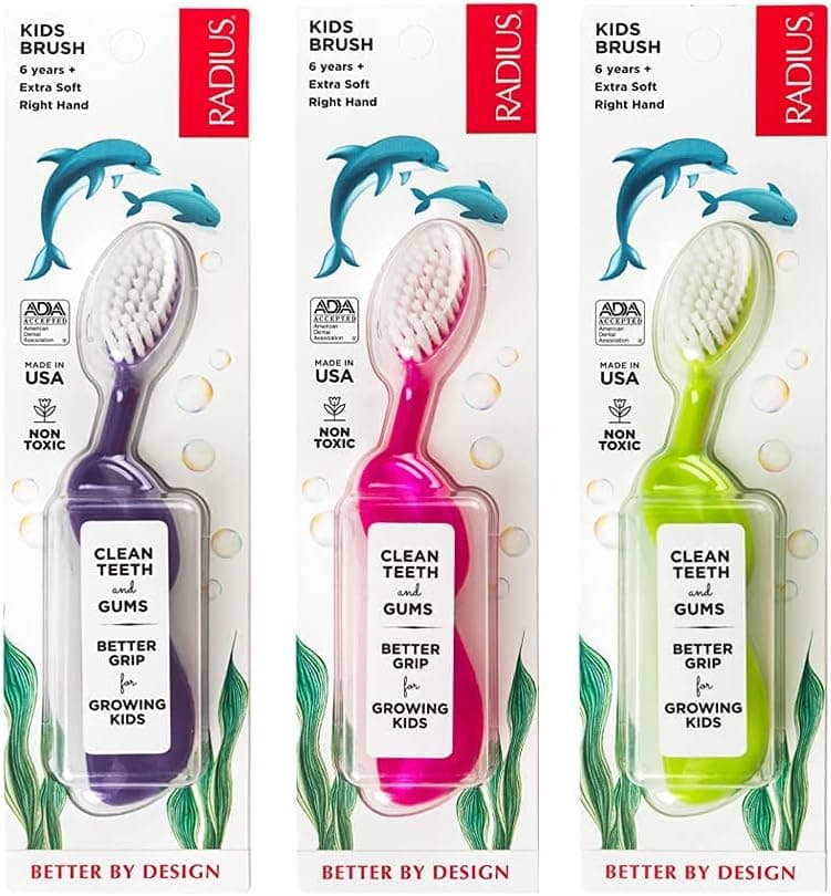 RADIUS Toothbrush Kids Brush Right Hand Assorted Colors 3 Count BPA Free and ADA Accepted Designed for Delicate Teeth and Gums for Children 6 Years and UpMixedKR3