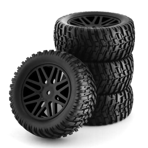 Chanmoo 110 RC Off Road Tires And Wheels 12mm Hex Rubber Short Course Truck Tyres With Foam Insert For 110 Scale Buggy Car ARRMA Traxxas Wltoys 144001 Losi HSP 94107 94170 94155 94177 4PCS Black