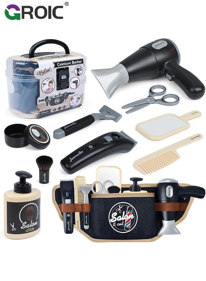 Barber Shop Pretend Play Toy with Toolbelt, Kids Shaving Kit for Boys, Haircut Kit for Boys,Hair Salon Toddler Play Set, with Blow Dryer,Storage Box for Role Play, Stylist Accessories