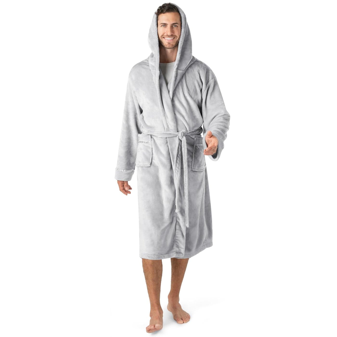 PAVILIA Mens Hooded Bathrobe Fleece Grey Robe With Hood Plush Long Male With Pockets Satin Trim Light Gray