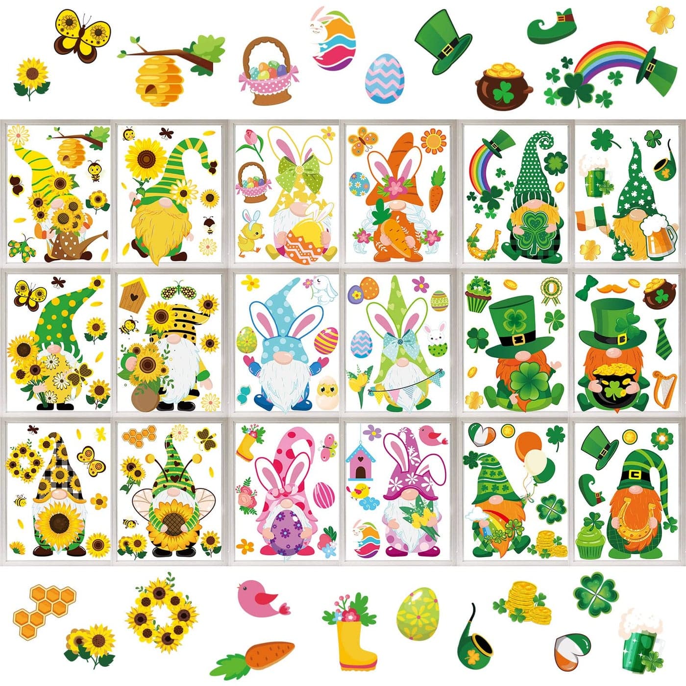 Waline 18 Sheet Spring St Patricks Day Easter Window Clings Cute Gnome Sunflower Bee Shamrock Easter Bunny Eggs Decals for Home School Office Party Supplies