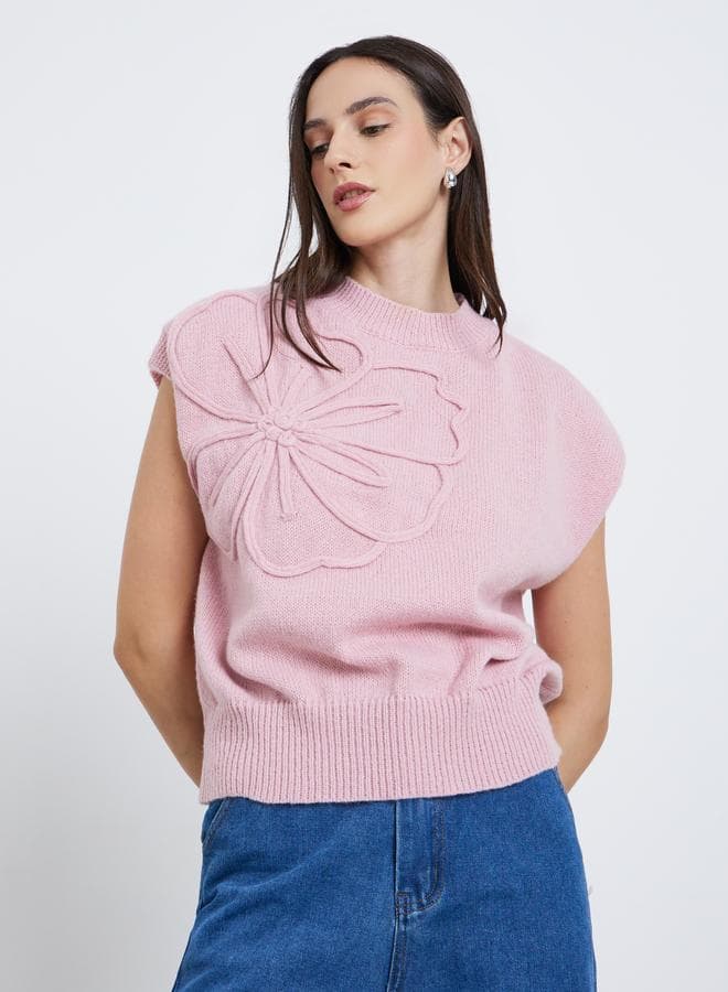 Styli Flower Pattern Ribbed Trim Top — XL