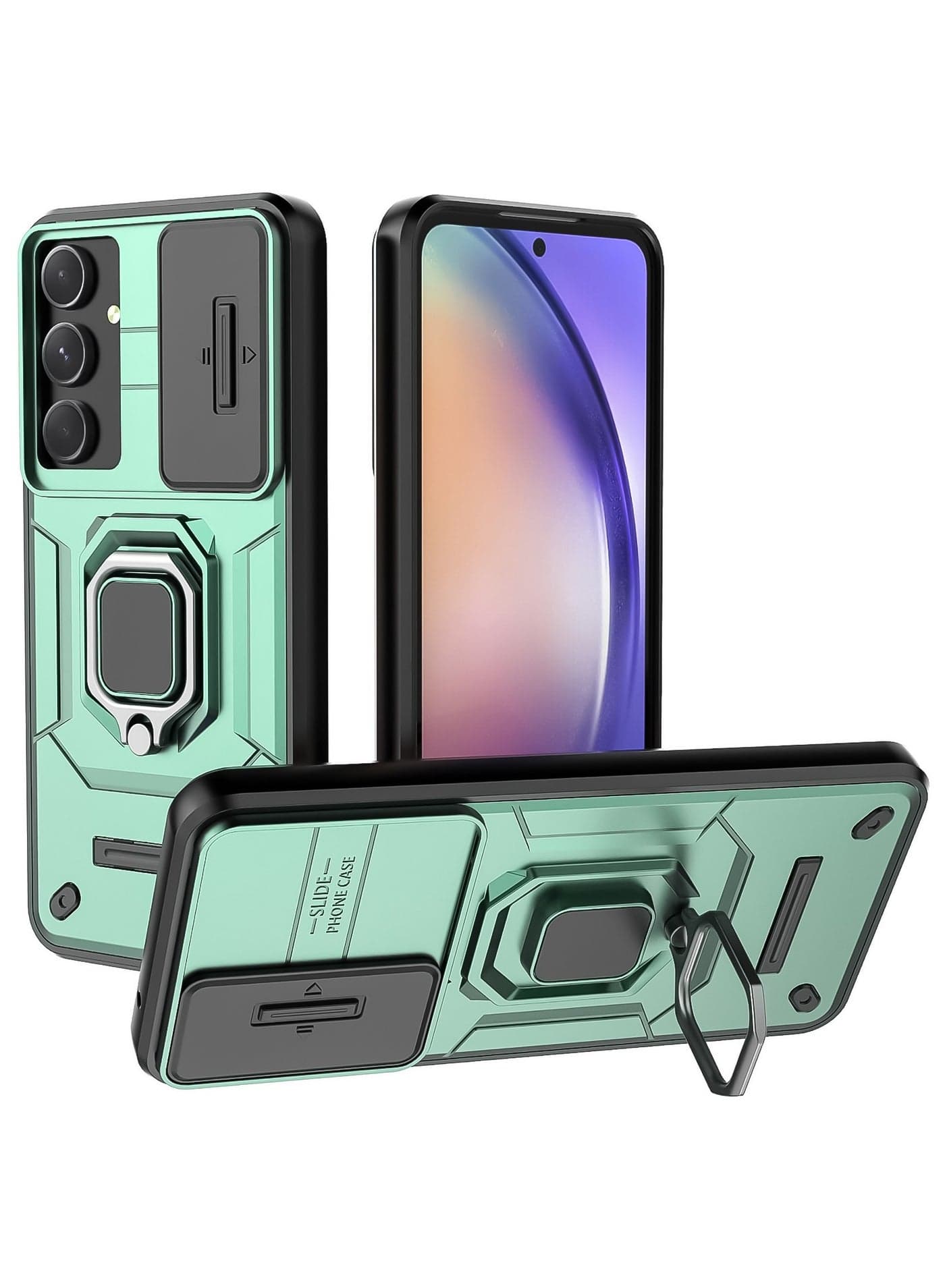 For Samsung Galaxy A-55 Cover, Full Body Rugged Armor Shockproof Back Cover, Camera Lens Protection Slide Cover Phone Case, Metal Ring Stand Mobile Phone Casing