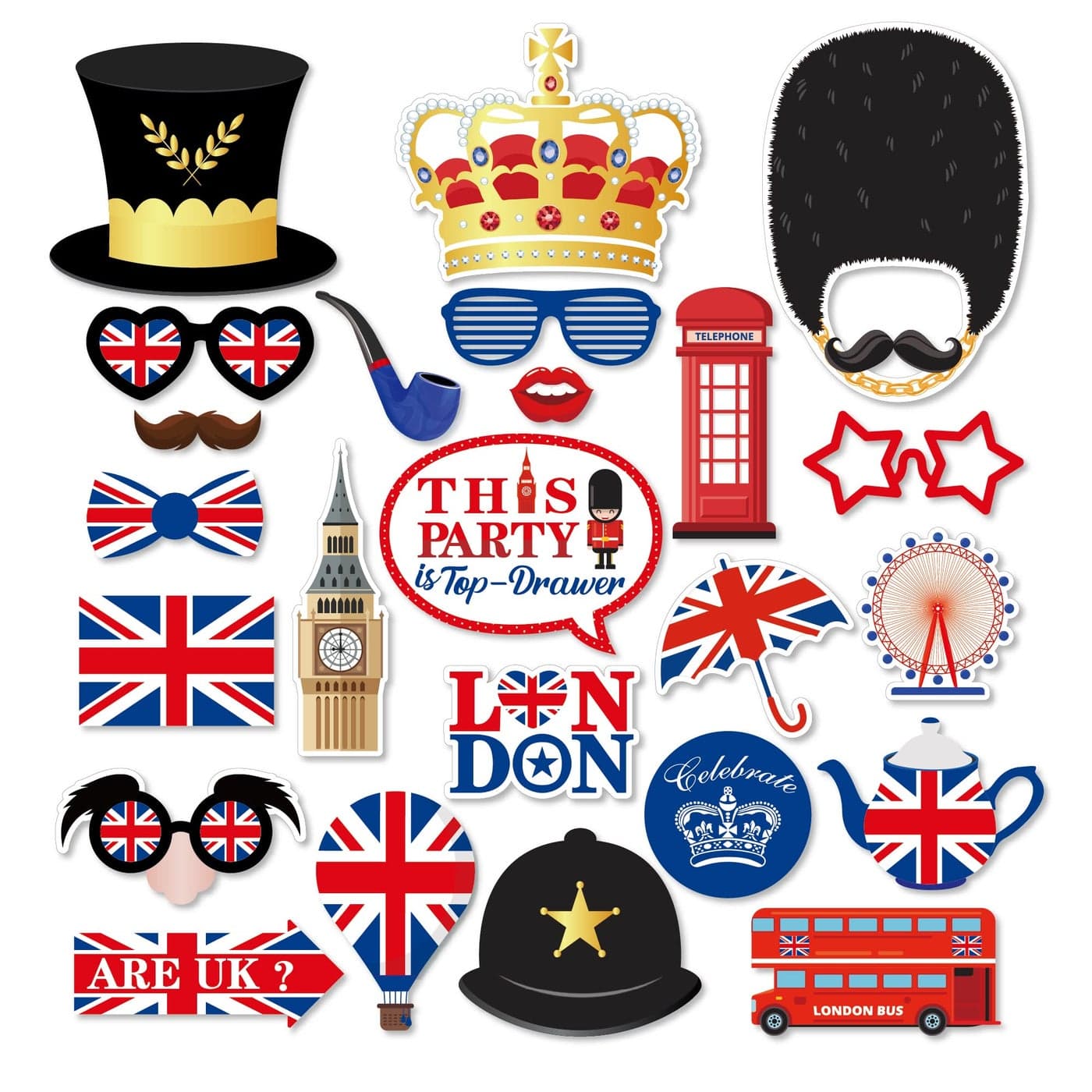25pcs British Photo Booth Props with Stick Funny British Party Props National Day Party Decorations British Selfie Props UK England Selfie Props for London Union Flag Patterns Party Decoration