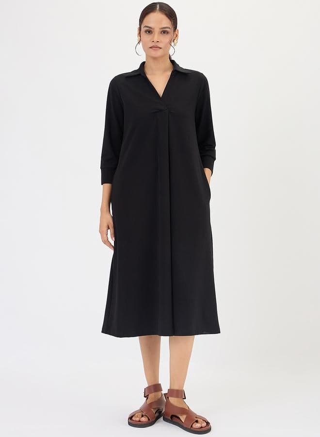 Black A-Line Midi Dress with 3/4 Sleeves — M