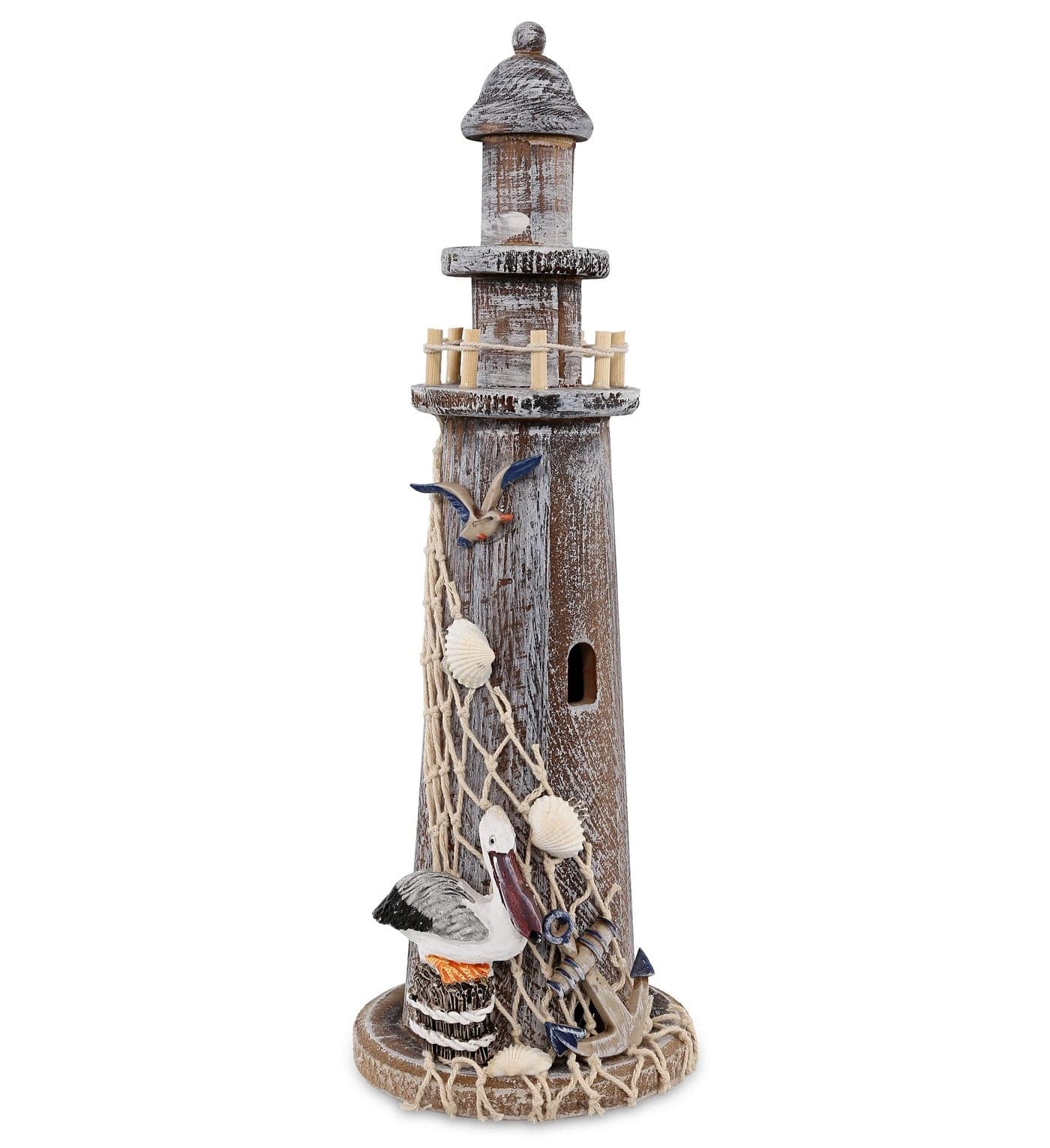 CoTa Global Brown Wooden Lighthouse Decor Handcrafted Nautical Lighthouse Table Top Centerpiece with Pelican Fishing Net Seashells and Anchor Decor Lighthouse Outdoor Decor 1425 Inches
