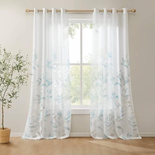 Madison Park Cecily Semi Sheer SINGLE Panel Window Curtain Burnout Botanical Print, Easy To Hang, Fits up to 1.25" Diameter Rod, 50x84", Leaves Aqua