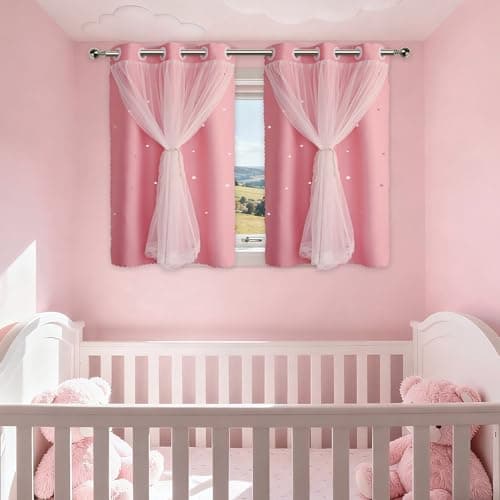 Ftinala Pink Curtains for Girls Bedroom Cute - Aesthetic Star Cutout Blackout Double Layer with Sheer Overlay, 45 Inch Length 2 Panels Kids Room Curtain Baby Nursery Decor Short Drapes
