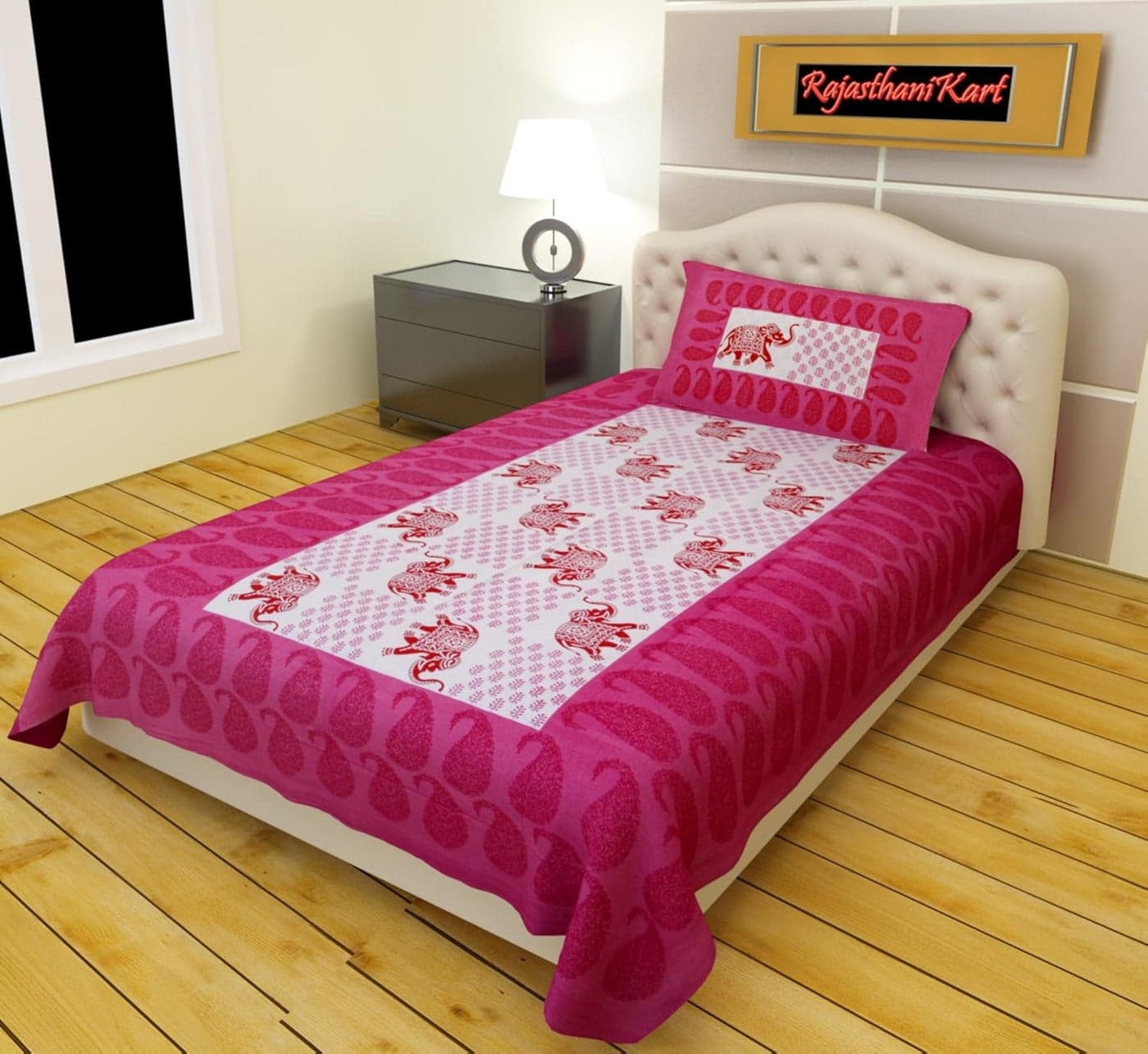 RajasthaniKart® Comfort Rajasthani Jaipuri Traditional Sanganeri Print 144 TC 100% Cotton Single Bedsheet with 1 Pillow Covers