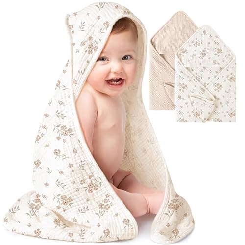 Konssy 2Pack Muslin Hooded Baby Towels 100 Cotton UltraSoft Absorbent Baby Bath Towels with Hood for Newborn Infant Cream Blossom30 x 30