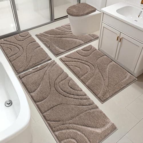 HEBE Bathroom Rugs Sets 5 Piece Soft Absorbent Microfiber Bath Mat for Bathroom Non Slip Washable Bath Rug Set with Toilet Cover Bath Runner and UShaped Contour Toilet Rug Coffee