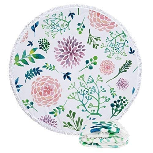 Oversized Round Floral Flower Green Leaf Beach Towel, Thick Soft Circle Table Yoga Mediation Mat Beach Blanket, Soft Microfiber Sand Free Quick Dry Multipurpose Round Tapestry with Tassels 59”