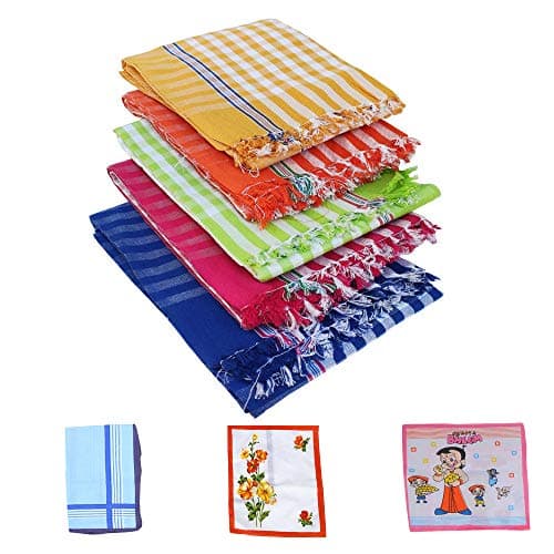 SAI PRASEEDA Handloom 100% Cotton Large Bath Towels_32 x 68 Inches_Multicolor_Pack of 5_with 3 Hand Kerchiefs SPTHK18