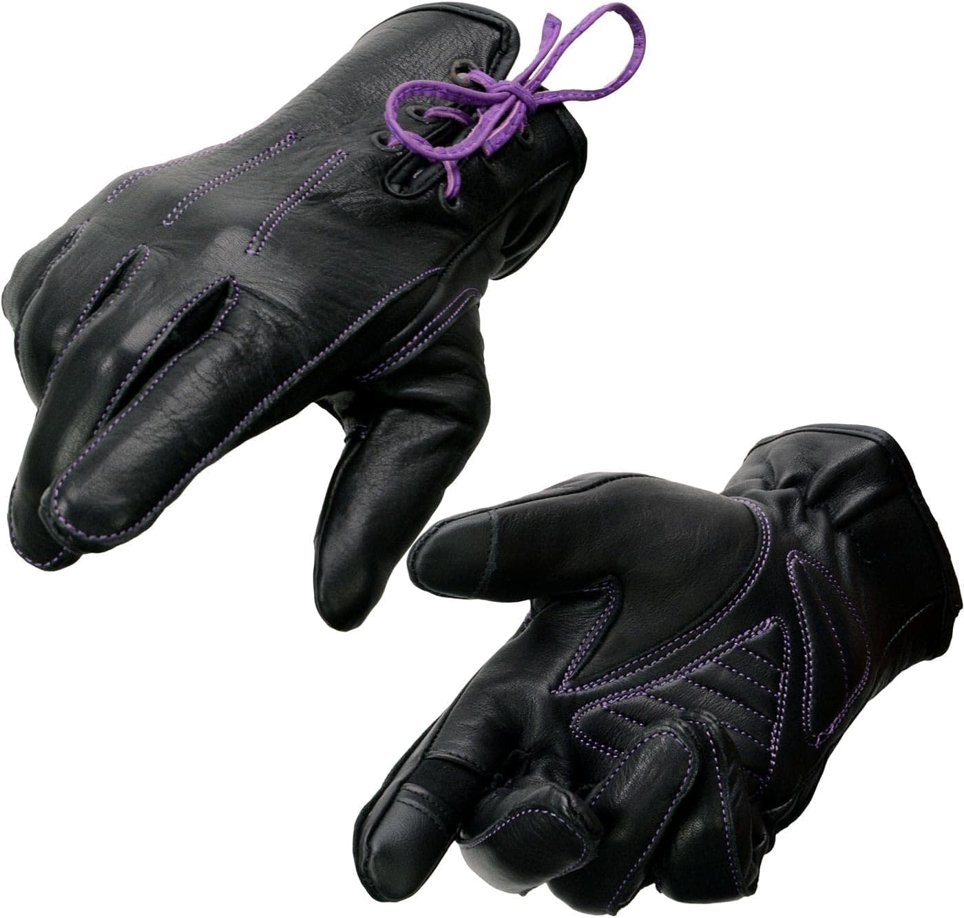 Milwaukee Leather Women's Black/Purple Touchscreen Compatible Laced Wrist Motorcycle Gloves with Gel Palm