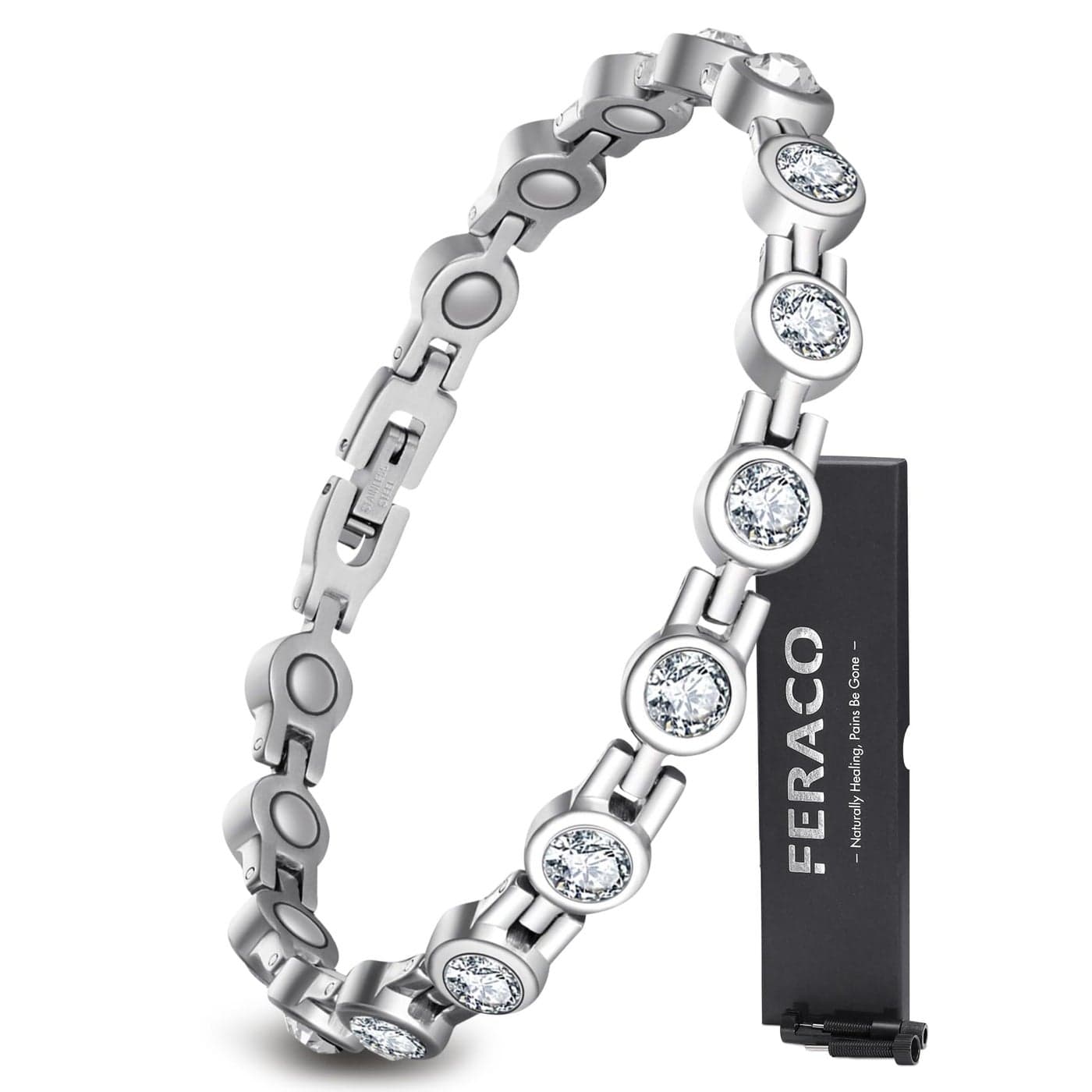 Feraco Magnetic Bracelet for Women Titanium Steel Magnetic Bracelets with Gorgeous Sparkling Cubic Zirconia Costume Jewelry Christmas Gifts Silver