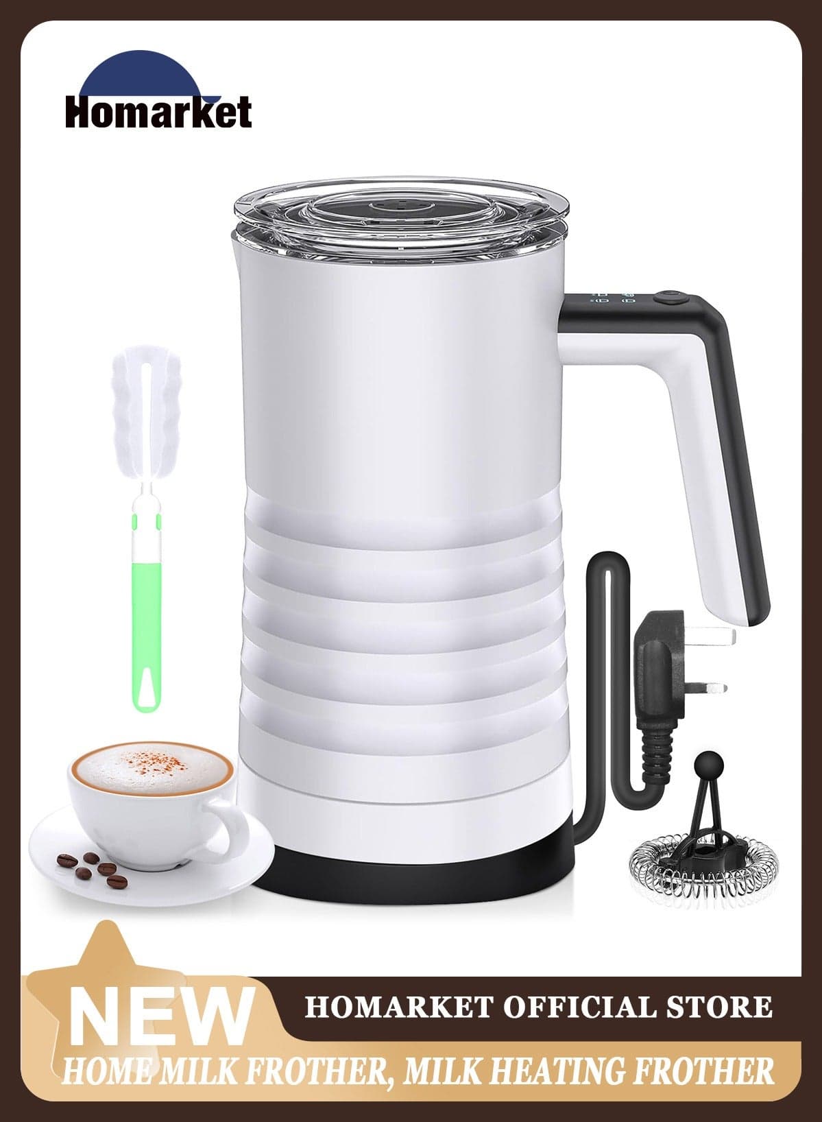 Electric Milk Frother and Steamer 4 in 1 Automatic Milk Warmer 400W Non-Stick Interior 350ml Hot/Cold Stainless Steel Milk Foam Maker with Washing Brush for Coffee/Hot Chocolate Milk/Latte/Cappuccinos-White