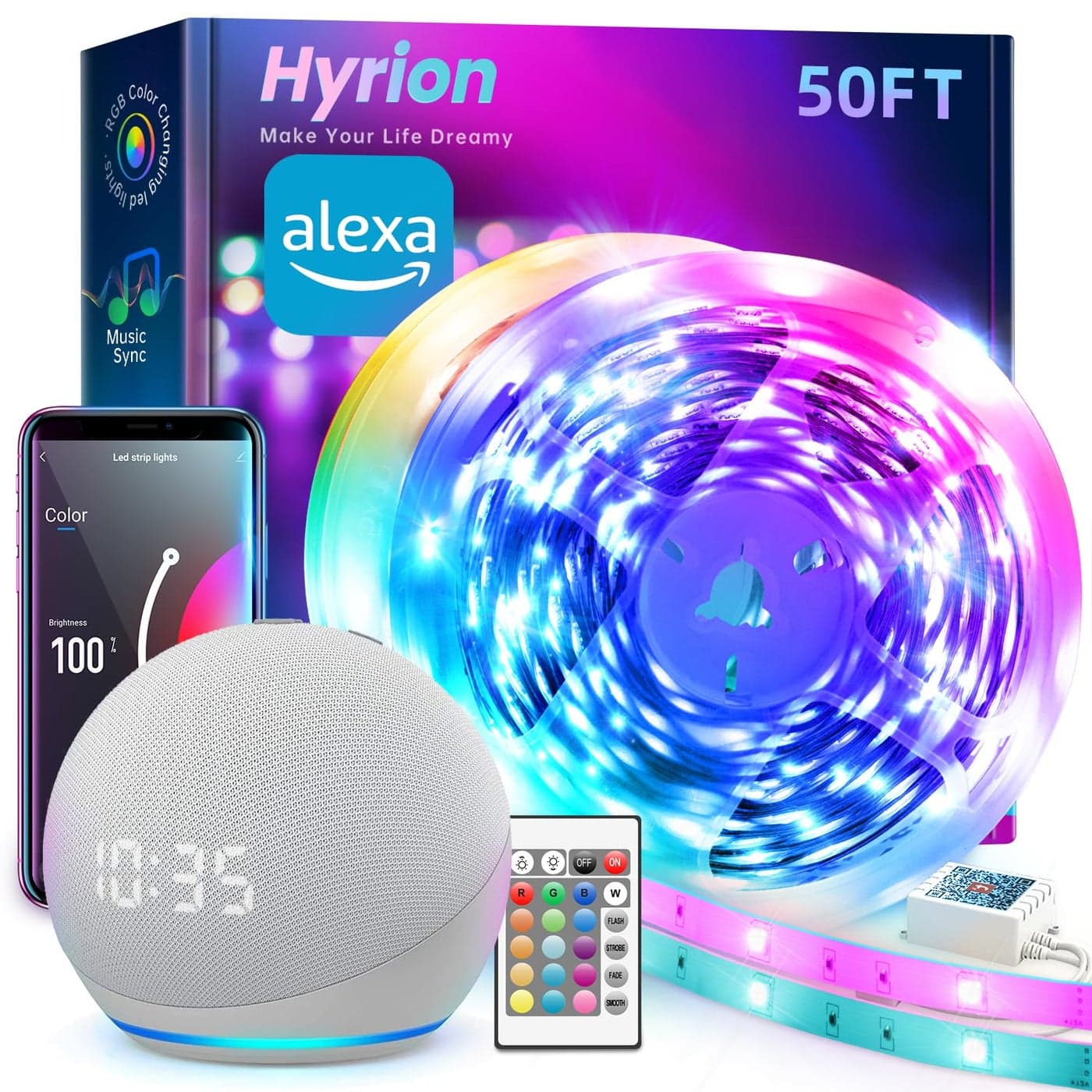 hyrion Smart LED Light Strips50 ft WiFi LED LightSound Activated Color Changing with Alexa and GoogleSync Music with Led Strip Lights for Bedroom for Living Room Home Decor