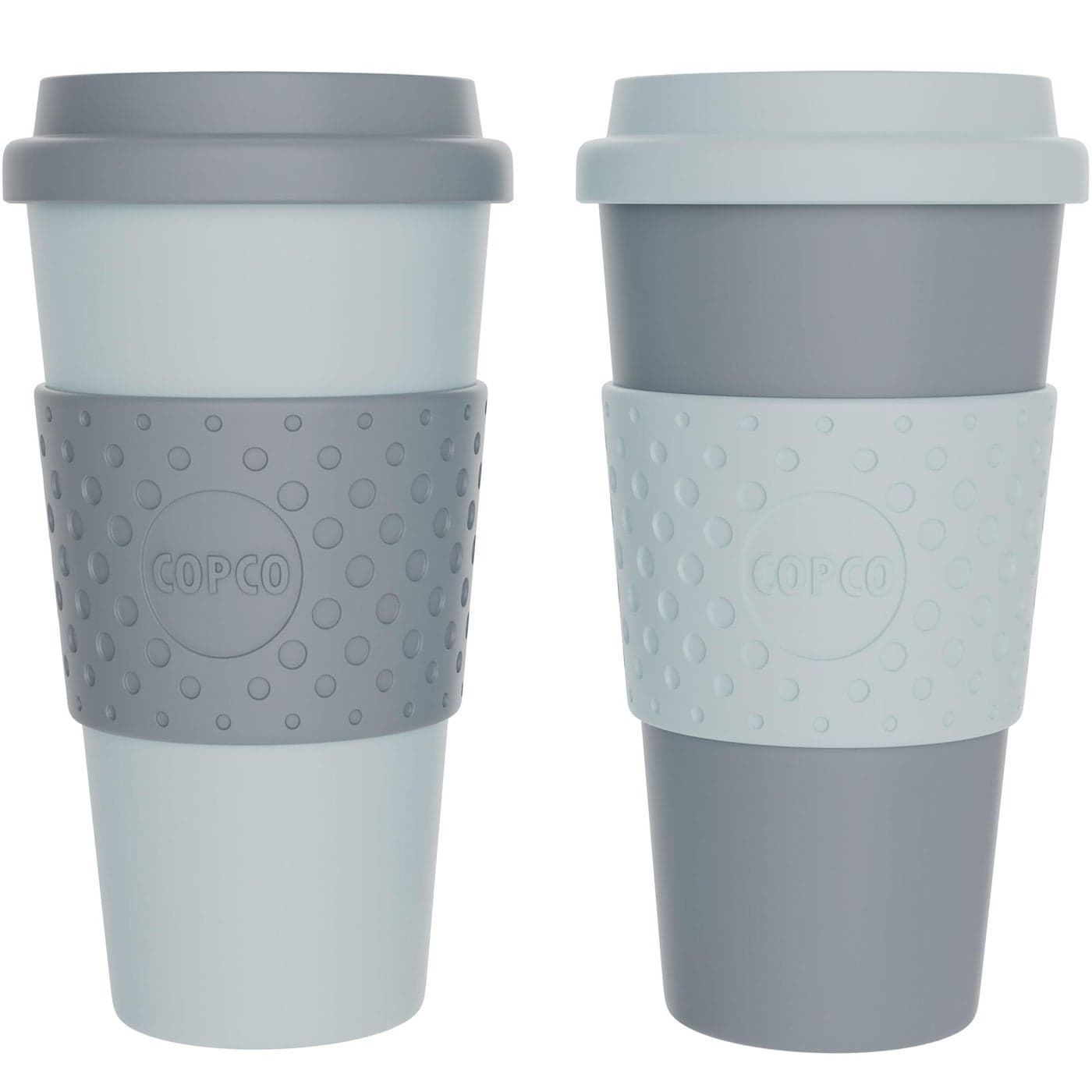 Copco Acadia 16oz Travel Mug with Lid Set of 2 Double Wall Insulated Tumbler NonSlip Sleeve and BPAFree Microwave Dishwasher Safe Reusable Plastic To Go Travel Coffee Mug AquaGray