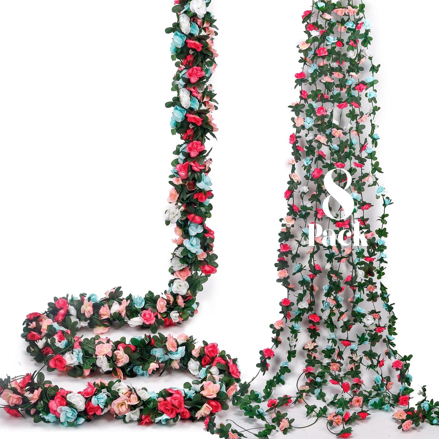 Miracliy 8Pcs 66FT Pink Flower Garland Blue and White Artificial Rose Floral Vines Fake Hanging Spring Flower Garland for Wall Backdrop Wedding Arch Tea Party Door Mantle Decoration