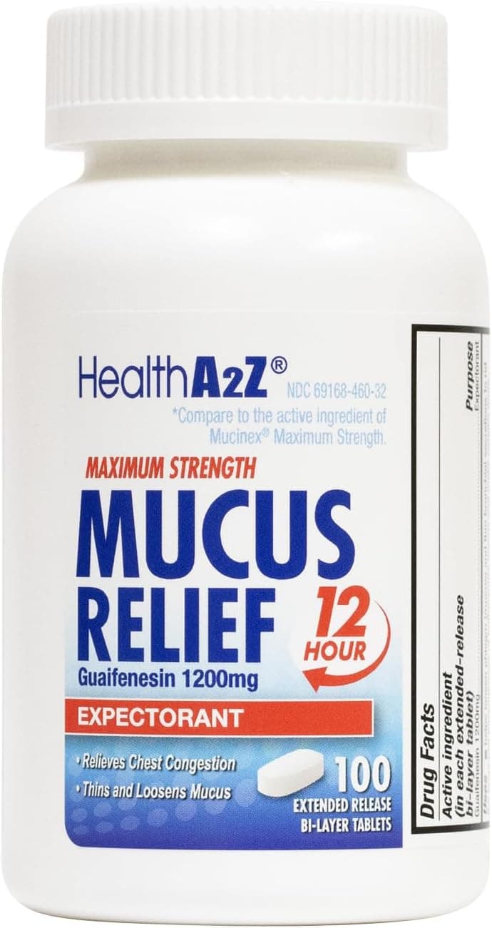 Mucus Relief Guaifenesin 1200 mg 100 Tablets Maximum Strength 12 Hour Expectorant Relieves Chest Congestion Thins and Loosens Mucus 100 Tablets
