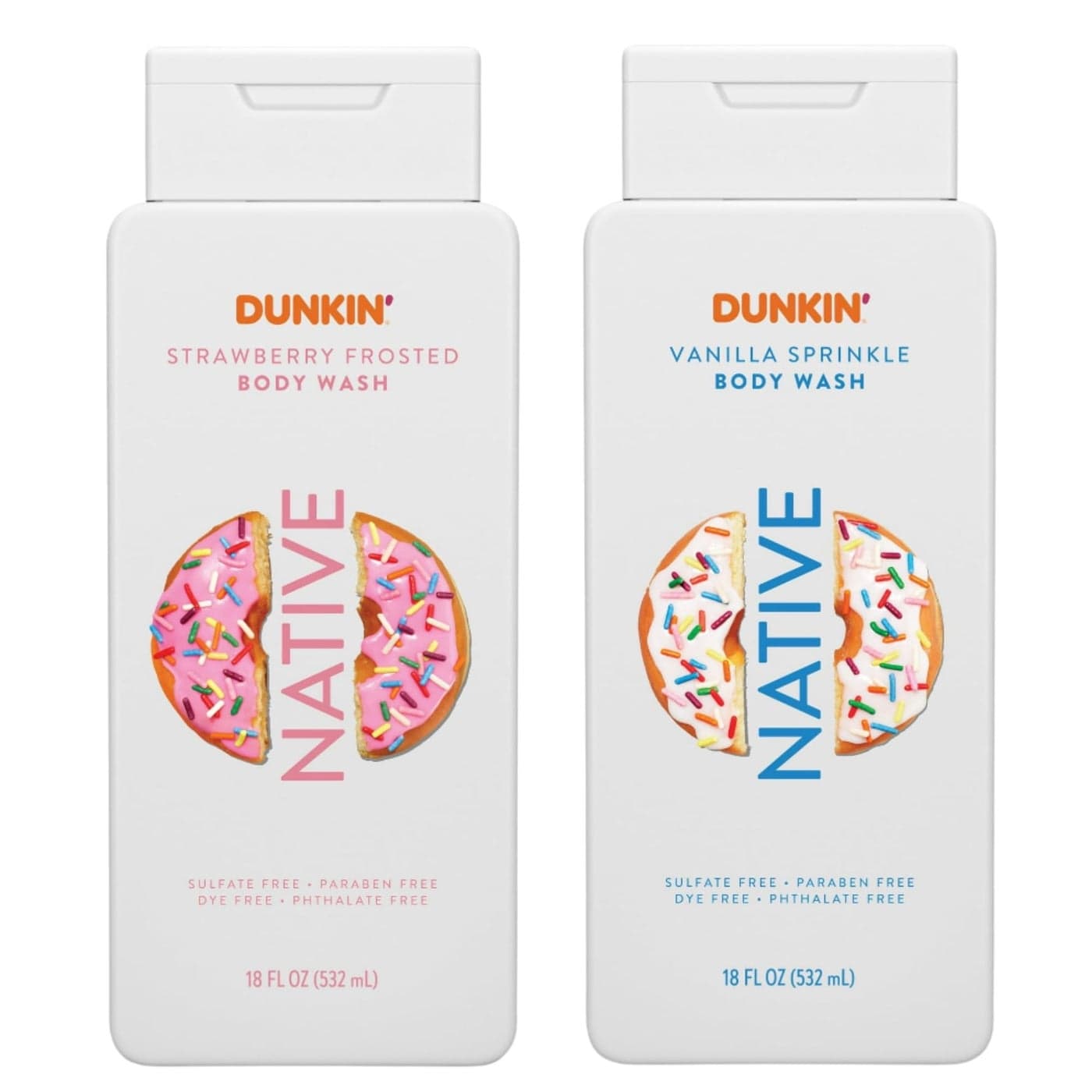Native Body Wash, Dunkin Vanilla Sprinkle, Contains Naturally Derived Ingredients | For Women & Men, Sulfate, Paraben, & Dye Free Leaving Skin Soft and Hydrated | 18 oz