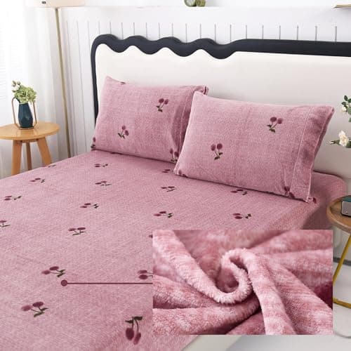 MAG 3Pcs Fleece Fitted Sheet Twin Size with Pink Cherry Pattern, Super Cute Fluffy Warm Bottom Sheets for Kids,Girls,included1*Fitted Sheet and 2*Pillowcases.