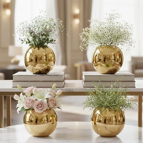 BEHOMA Metal Ball Round Metal Vase Set of 4 for Home Décor, Bedroom, Living Room, Office | Table Decorative Item for Festivals, Birthday, Wedding Decoration | Gold, Small (Flower Not Included)