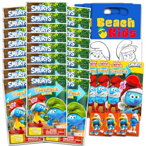 Disney Smurfs Mini Party Favors Set for Kids Bundle with 24 Mini Smurfs Grab n Go Play Packs with Coloring Pages Stickers and More Smurfs Birthday Party Supplies