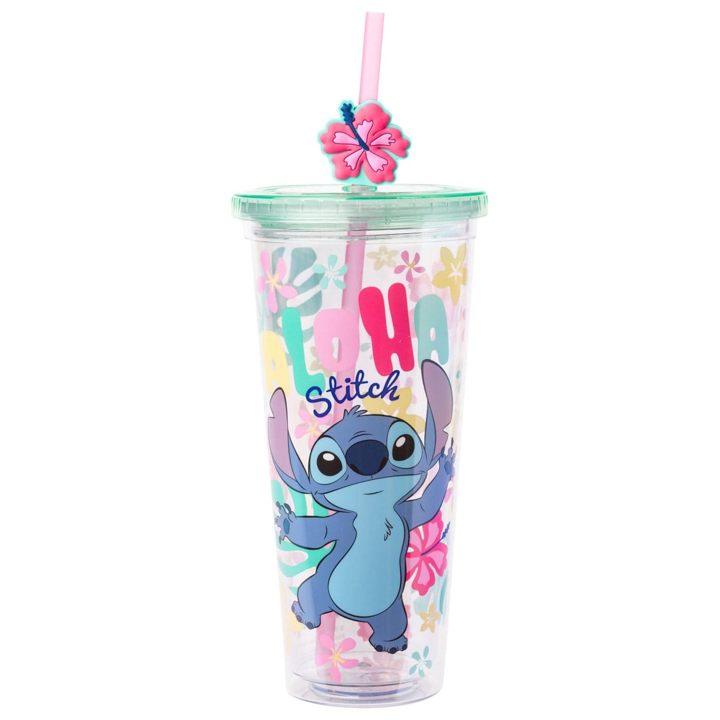 Silver Buffalo Disney Lilo and Stitch Aloha Stitch Tropical Island Flowers Plastic Cold Cup with Lid and Straw Topper 24 Ounces