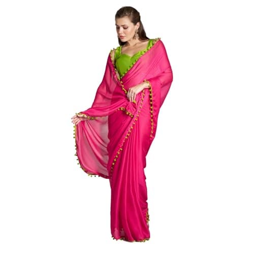 ORHANS Women's Chiffon Solid Printed Pattern Saree With Resham Sequinned Embroidere Work In Border And Matching Unstitched Blouse Piece | Printed Saree For Work | Chiffon Saree For Women