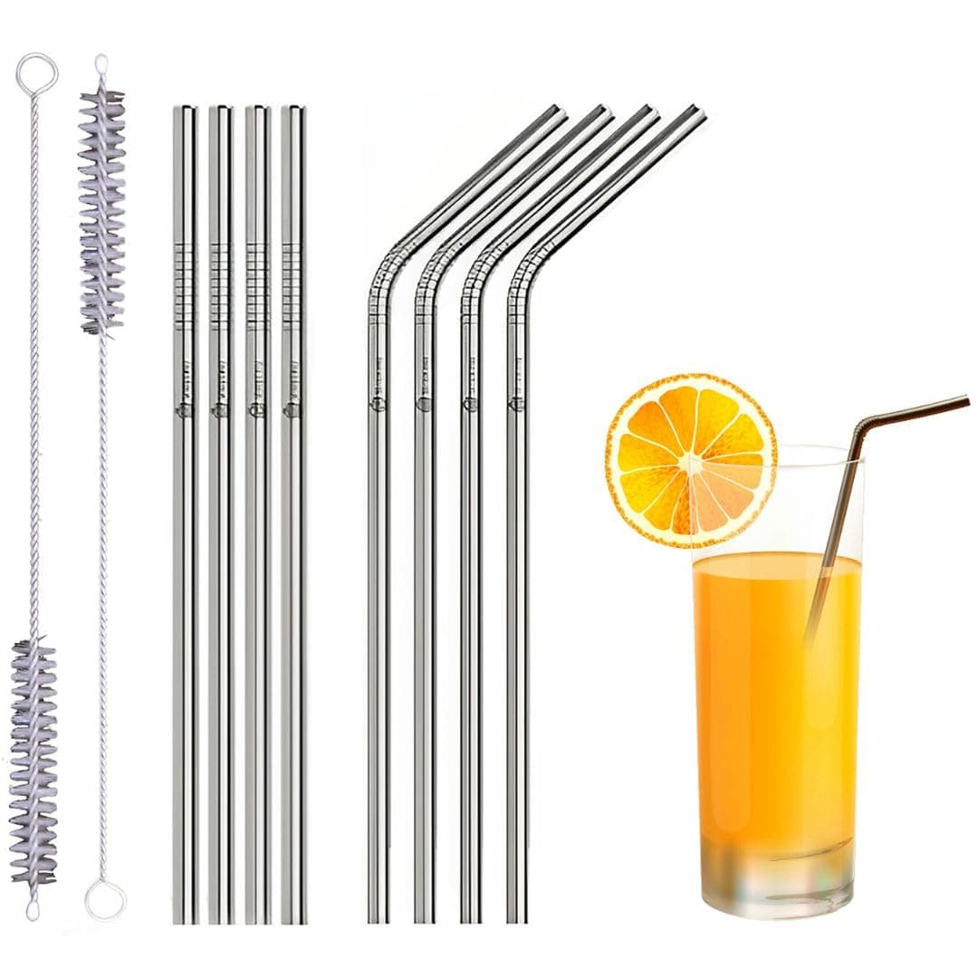 Set of 10 Reusable Metal Straws Drinking 216mm EcoFriendly Stainless Steel Drinking Straws for Cocktail Milkshake ColdHot Drinks 4 Straight 4 Bent 2 Cleaners BPA Free