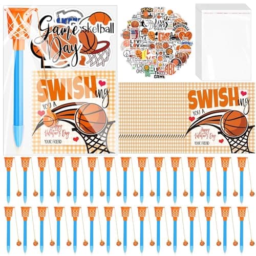 Gosodeny 30 Pack Basketball Party Favor Set with Mini Hoop Pens Stickers Exchange Cards and Gift Bags Bulk Gifts Sports Birthday Goodie Bag Fillers for Adult