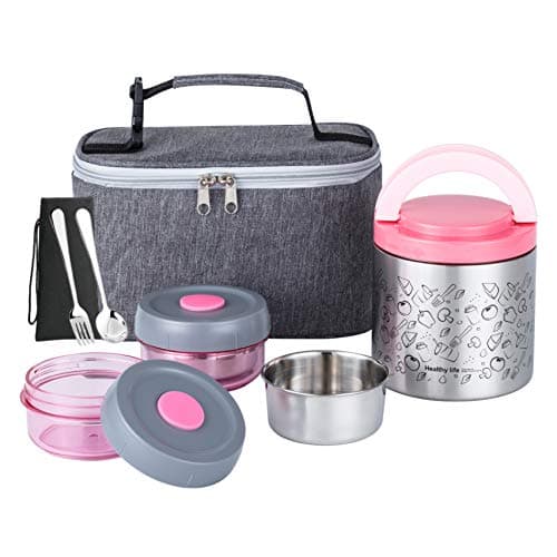 Lille Home Portable Insulated Lunch Box Set with Stainless Steel Cutlery vacuum lunch box to Keep Food Warm or Cool Two Containers for Fruits and Sauces Durable and LeakProofPink