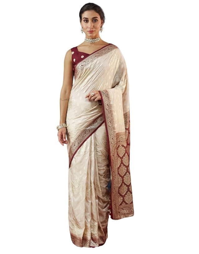 SIRIL Women's Banarasi Silk Saree Jacquard Weaving Sari With Unstitched Blouse Piece (4090S356_Light Beige)