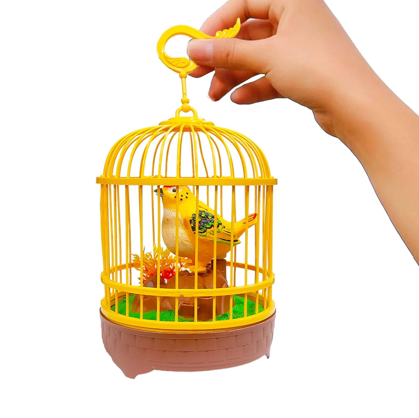 VGRASSP Sound Activated Chirping Bird in Hanging Cage - Beautiful Pinjra Bird Toy for Kids with LED Light- Clap to See The Moving Beak and Flapping Wings - Color and Design As Per Stock (Design 1)