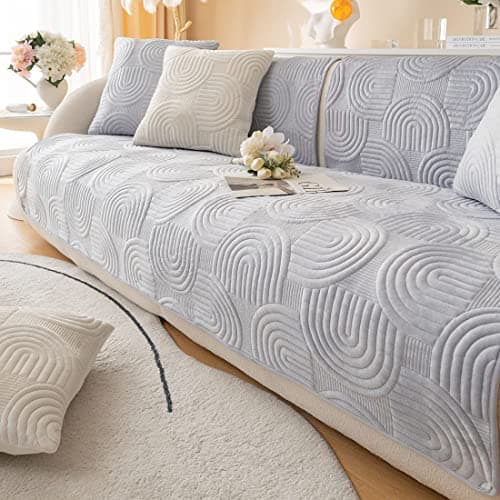 XSlive Soft Plush Geometric Quilted Couch Sofa Cover Boho Non Slip Fuzzy Sectional Couch Cover Solid Color Washable Sofa Slipcover Furniture Protector for Kids Dogs Cats (Gray,28"x59")