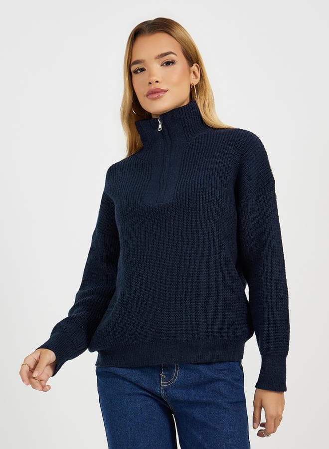 Styli Half Zip Placket Regular Fit Knit Top