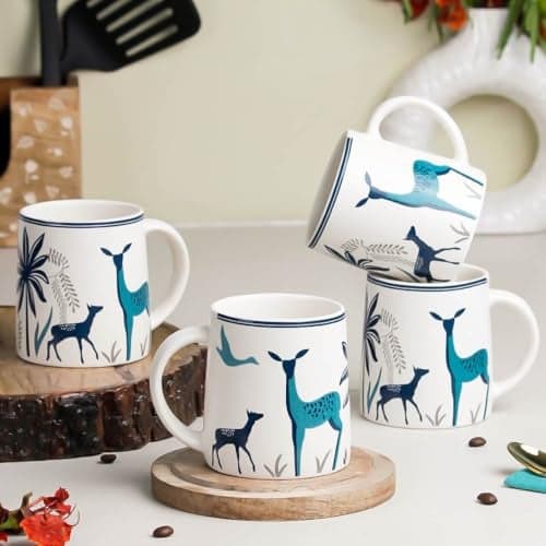 The Earth Store Stag Blue Coffee Mugs Set of 4 to Gift to Best Friends, Coffee Mugs, Microwave Safe Ceramic Mugs,(300 ml Each)