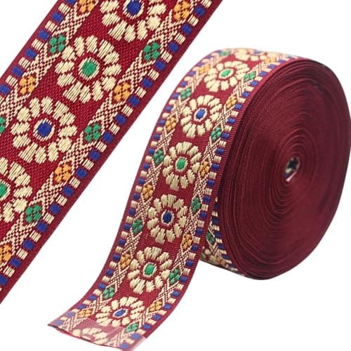 PEARLY JUN 7 Yards Deep Red Jacquard Ribbon Trim for Wewing Embroidered Ribbon Fabric Trim for Decorative Curtain DIY Sewing Crafting Embellishments Clothing Home Decor Gift Wrapping