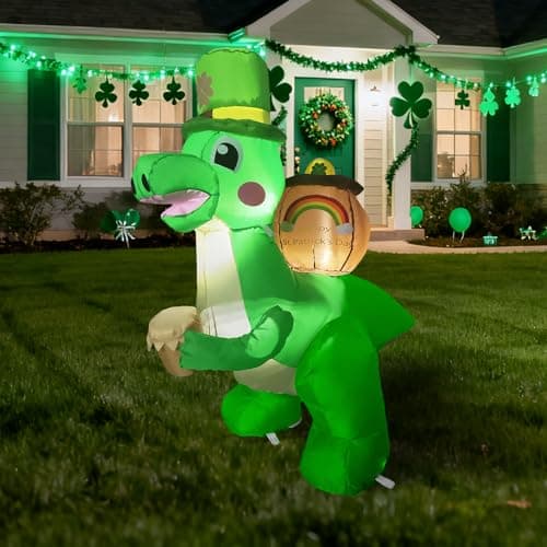 InfleasJoiy 4FT Dinosaur Carrying a Cylinder Inflatable Decoration St. Patrick's Day Decoration with LED Lights for Holiday Celebration Decorations for Yard, Lawn and Patio