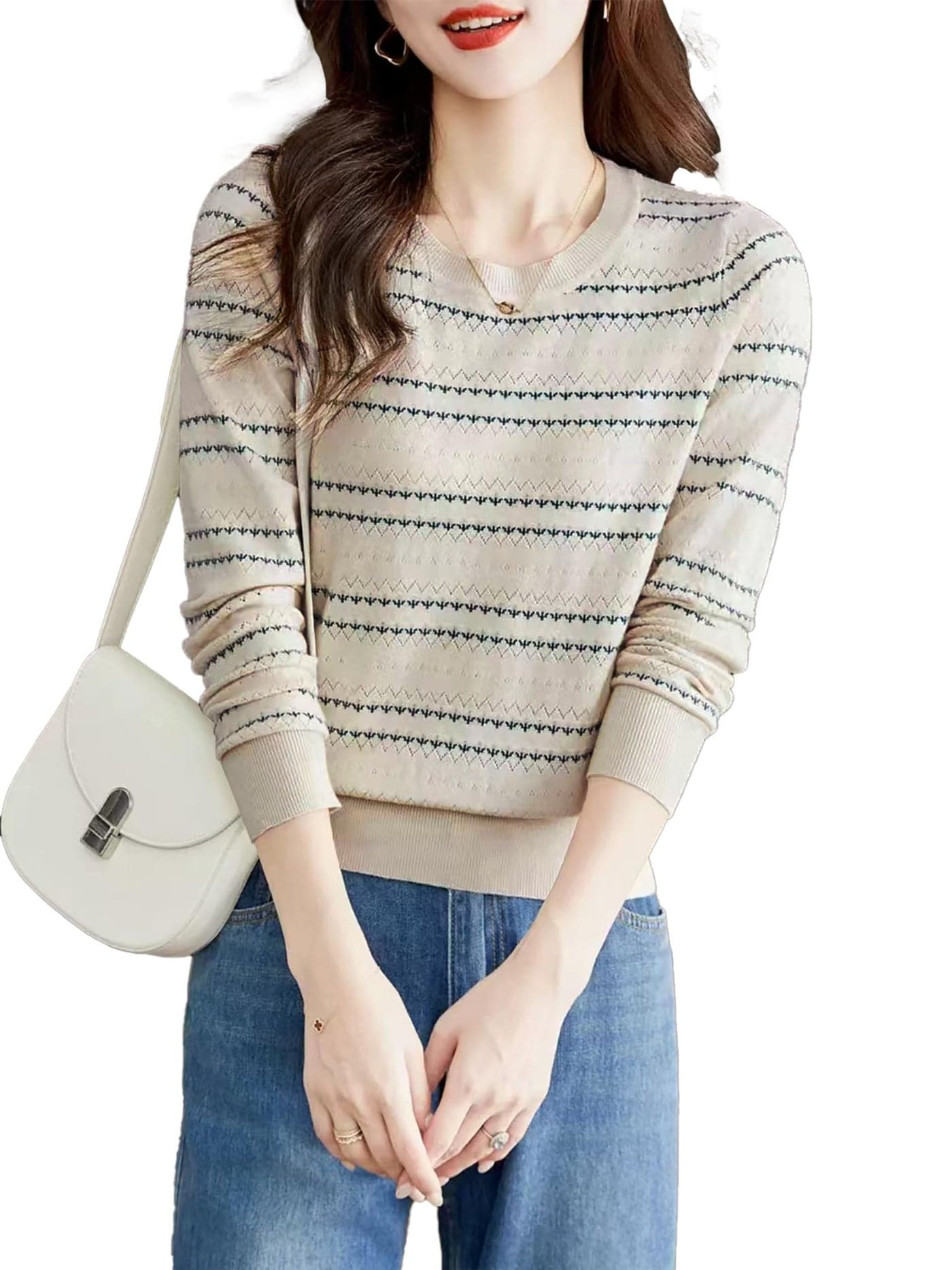 ICW Women's Ribbed Knitted Long Sleeve Round Neck Strped Top T-Shirt DN126 (in, Alpha, S, Regular, Offwhite)